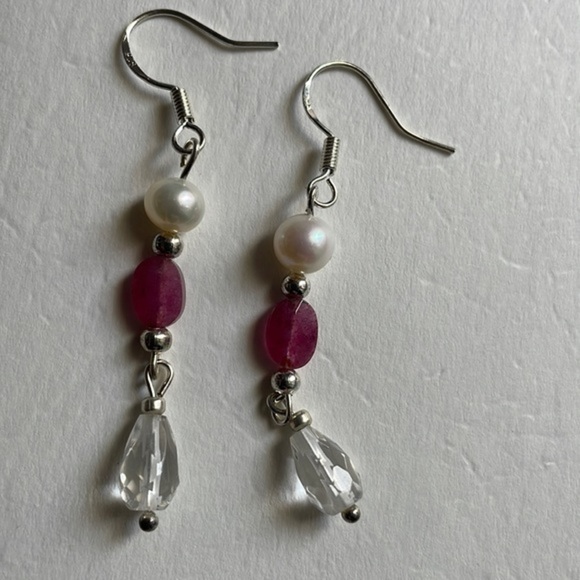 Real pearl Ruby Stone Sterling Silver Genuine pearls SS 925 earrings - Picture 8 of 16